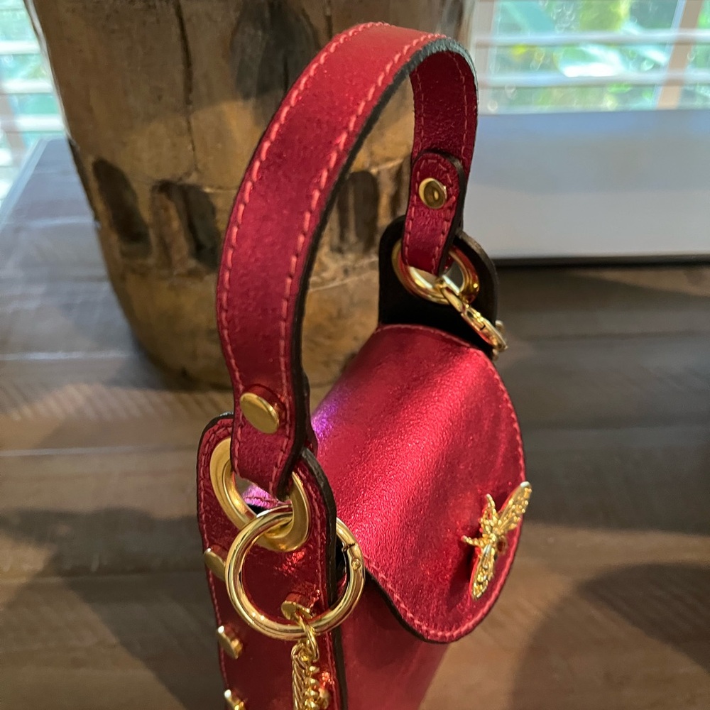 NWOT Vera Pelle Italian Leather Bee Handbag in Metallic Pink and Brilliant Gold - Picture 15 of 16